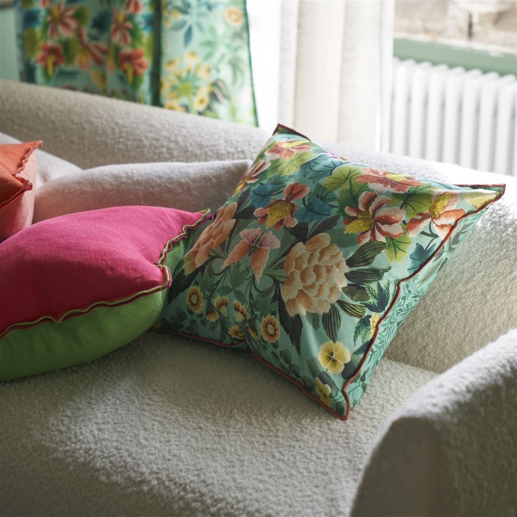 Ikebana Damask Aqua Cotton Cushion