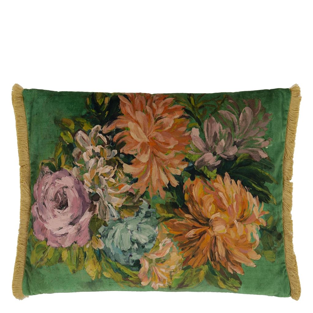Fleurs d artistes Velours Vintage Green Cushion