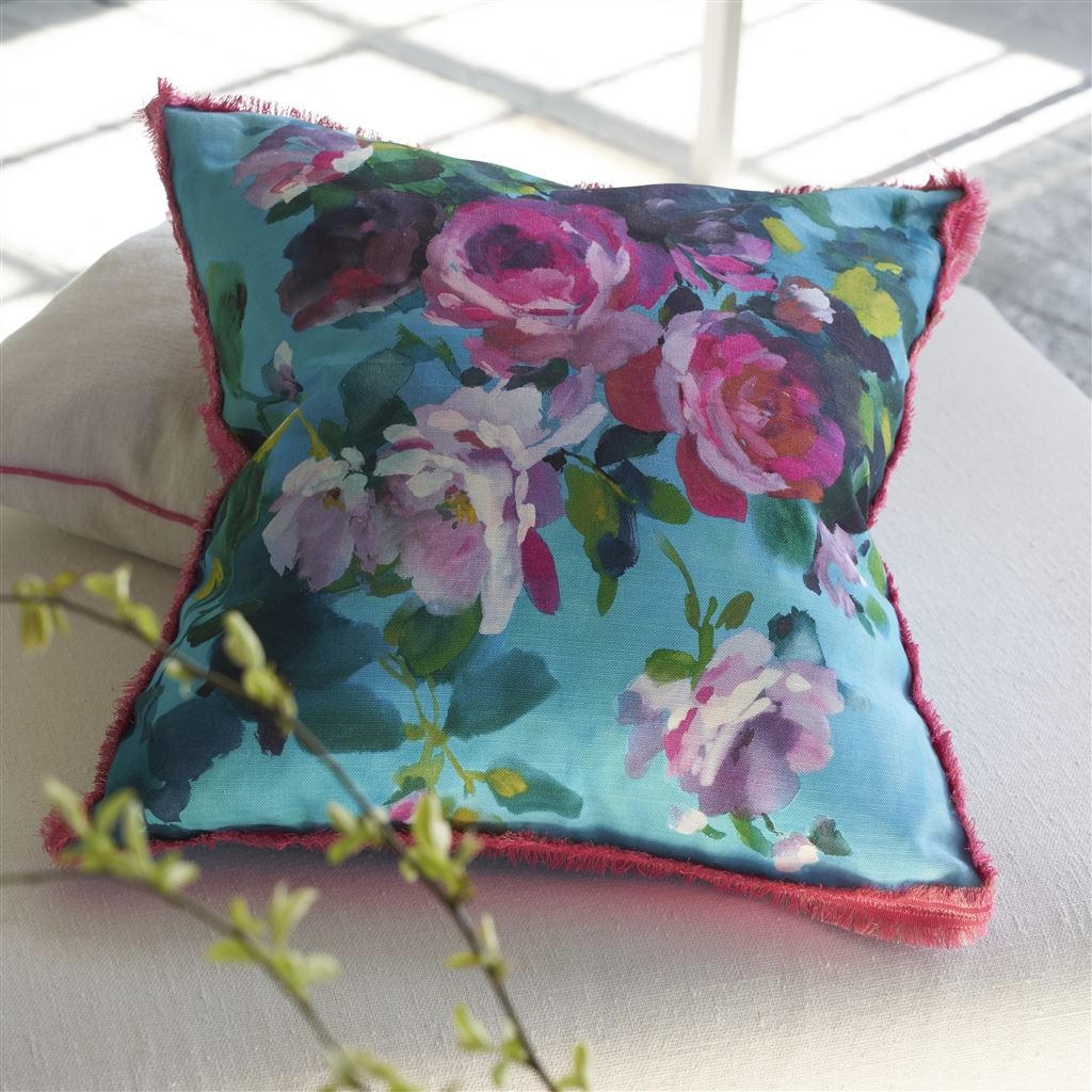 Bouquet De Roses Turquoise Cotton Cushion