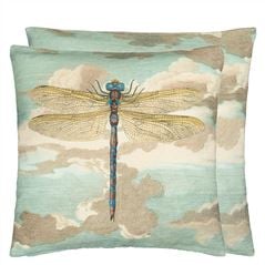 Cojin Dragonfly Over Clouds Sky Blue