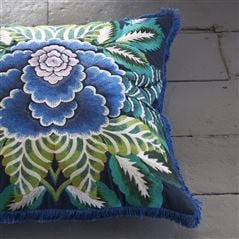 Rose De Damas Embroidered Indigo Cotton Cushion