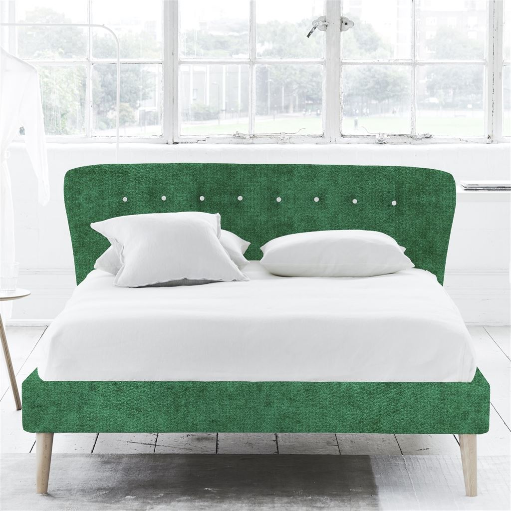 Wave Superking Bed - White Buttons - Beech Legs - Zaragoza Emerald