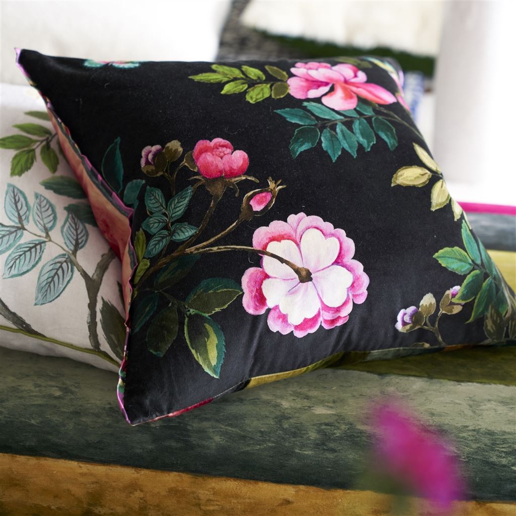 Coussin Porcelaine De Chine Velours Noir Linen