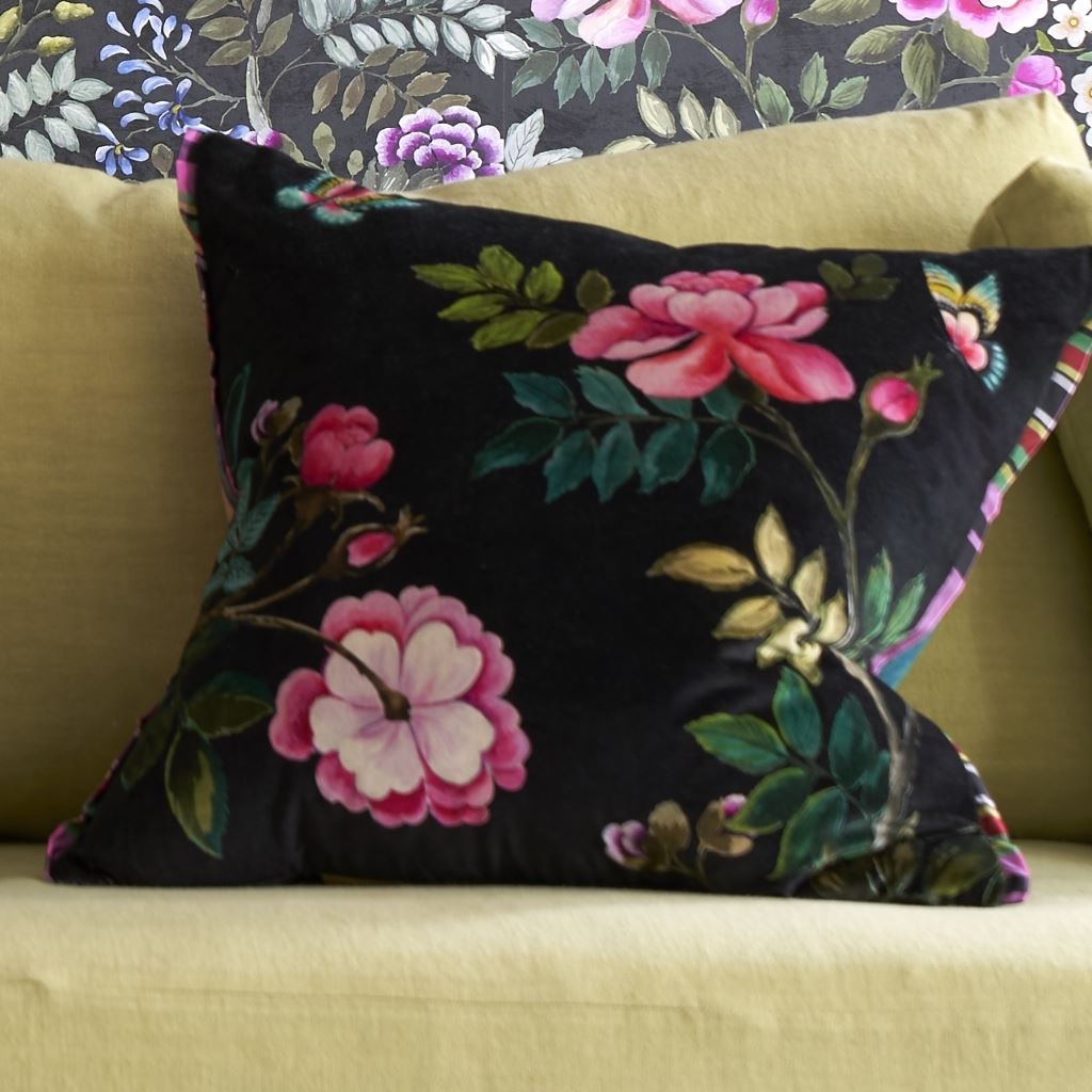 Coussin Porcelaine De Chine Velours Noir Linen