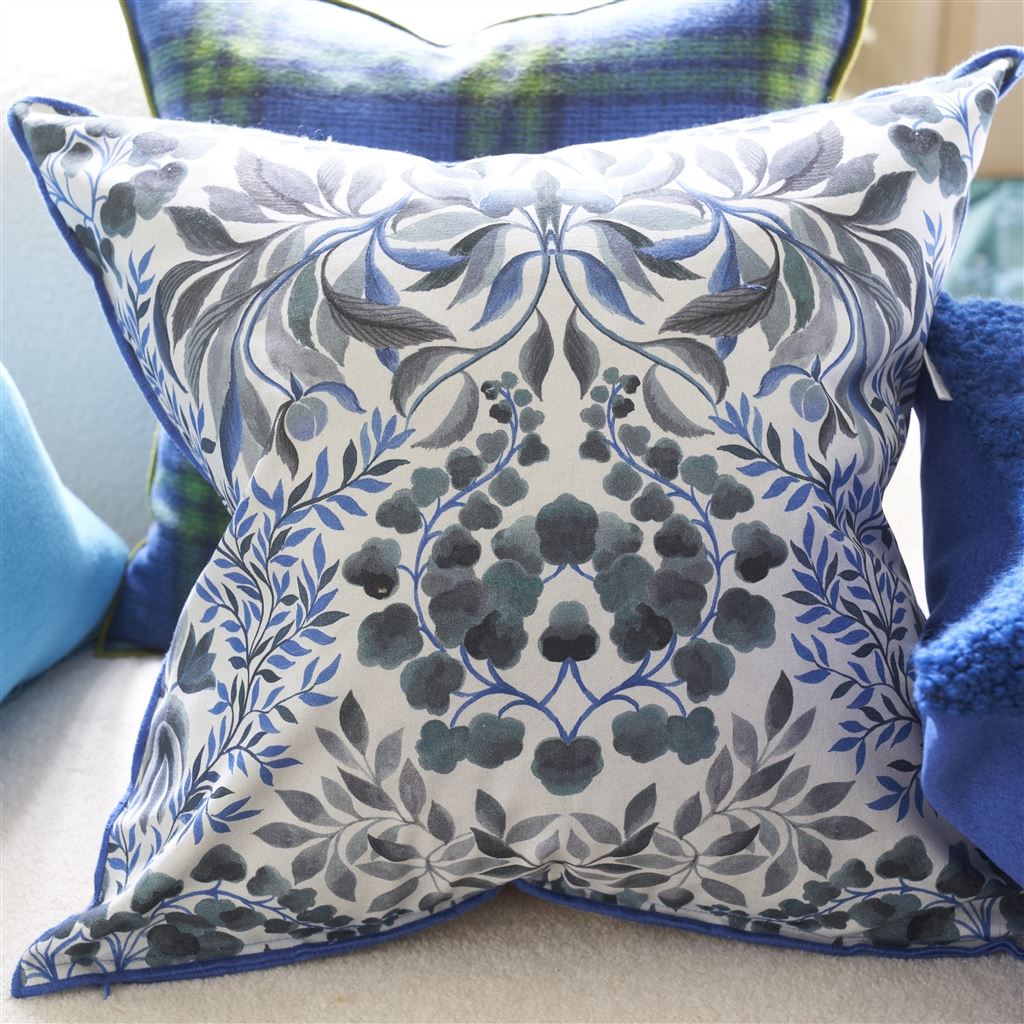 Ikebana Damask Slate Blue Cotton Cushion