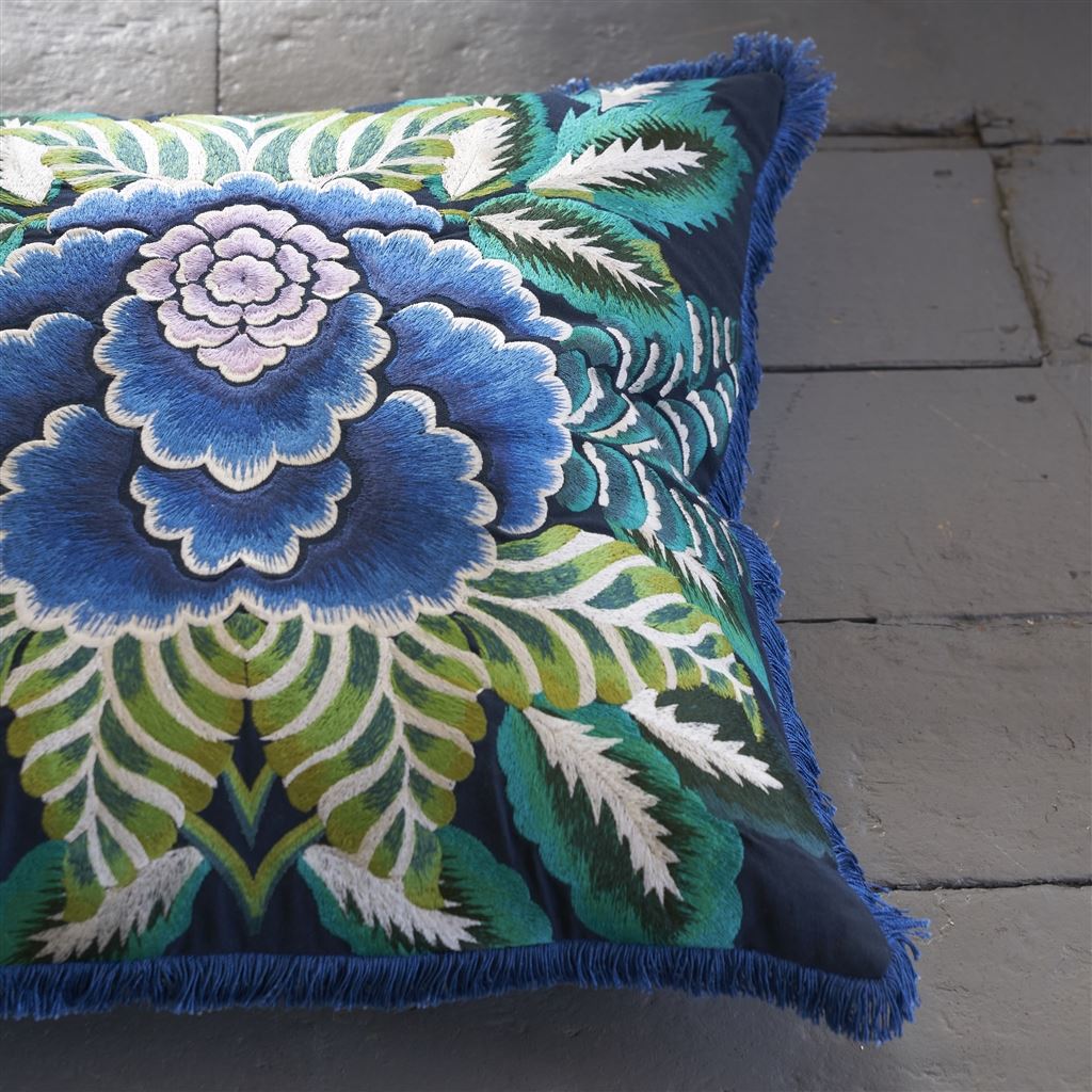 Rose De Damas Embroidered Indigo Decorative Pillow