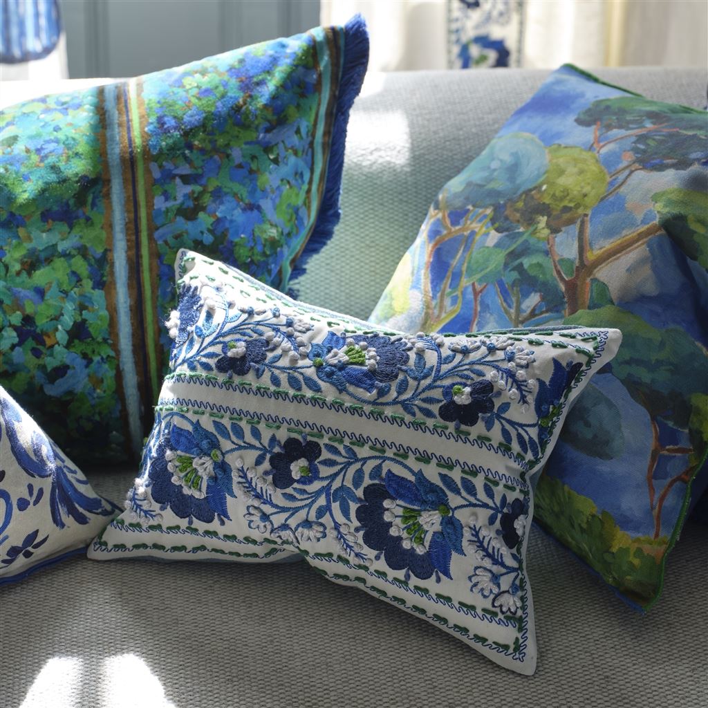 Enamel Flower Indigo  Embroidered Cotton Cushion