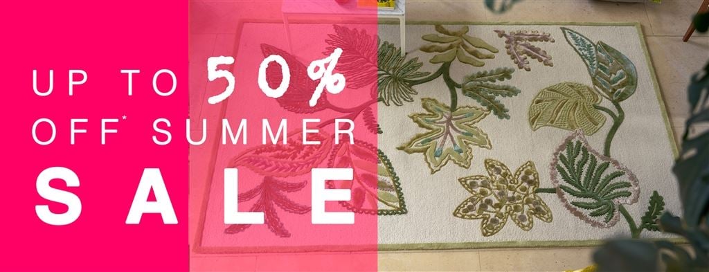 Luxury Designer Rug with leaf pattern advertising summer sale