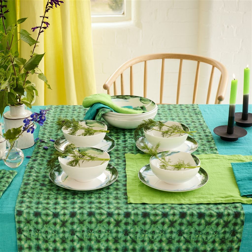 Shibori Emerald Linen Runner, Placemats & Napkins