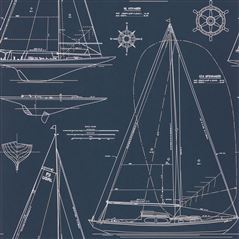 Boat Blueprint White On Dark Blue Ralph Lauren Wallpaper