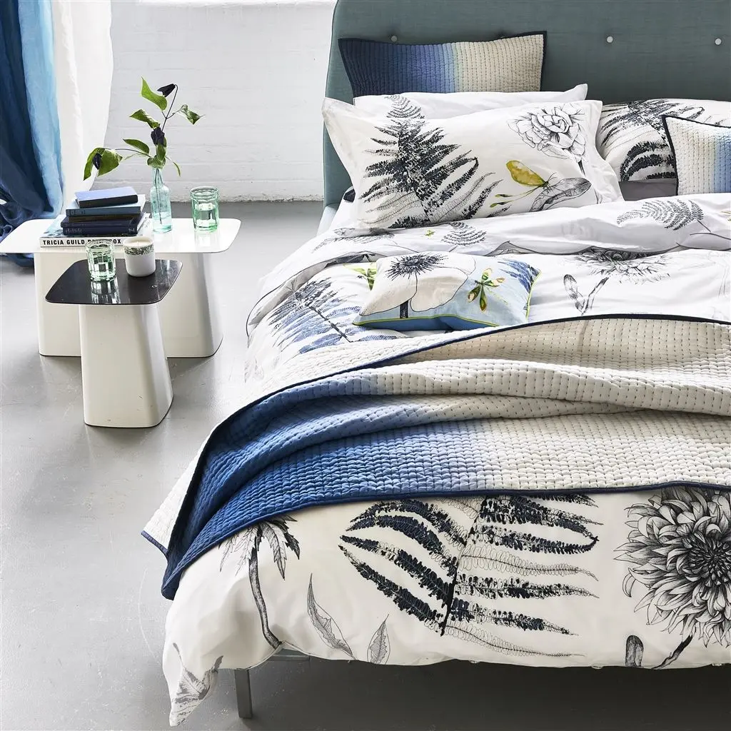 Acanthus Muted Floral Indigo Cotton Bed Linen Designers Guild