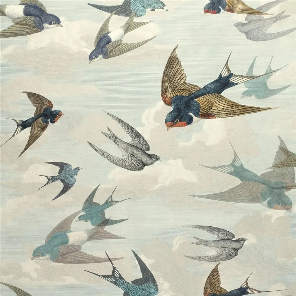 Tender Clouds with Yellow Swallows - Dark Blue