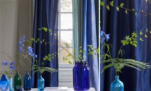 blue patterned curtain fabric